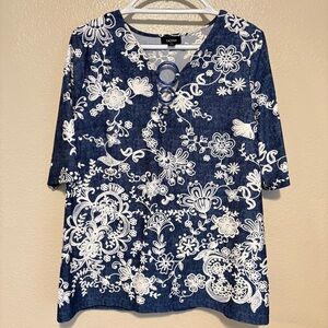 Tacera Blue White Denim Embroidery Print V-Neck Triple Ring Accent 1/2 Sleeve XL